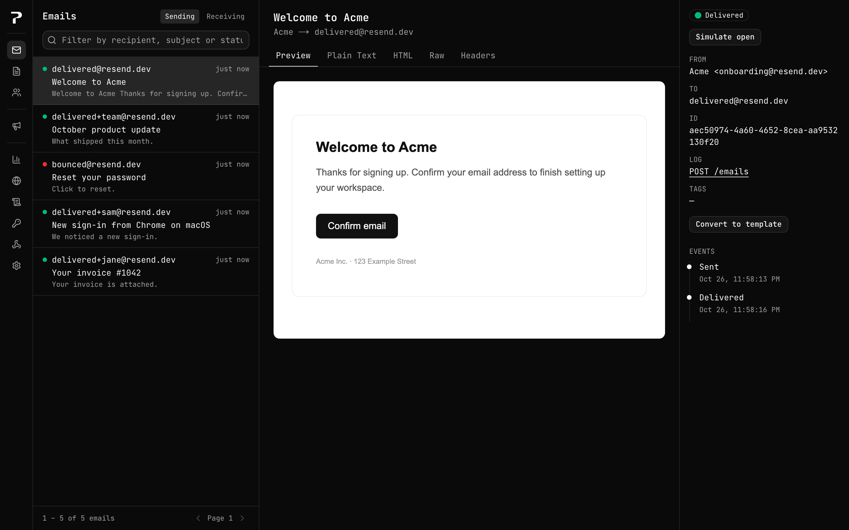 The Pretend dashboard showing a list of captured emails and a rendered email preview